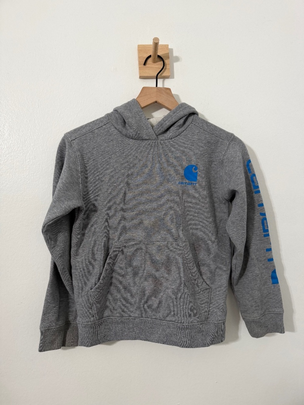 Carhartt Boys Grey Pullover Hoodie Sweatshirt Blue Spellout Medium 10-12